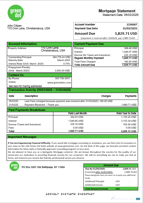 Download USA Green Dot mortgage statement in Word and PDF formats Photoshop template
